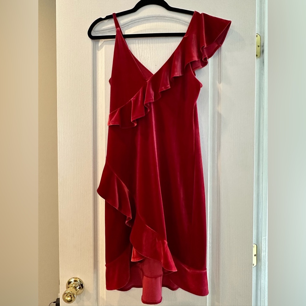 Express Red Velvet Ruffle Dress Size Small - Picture 5 of 8